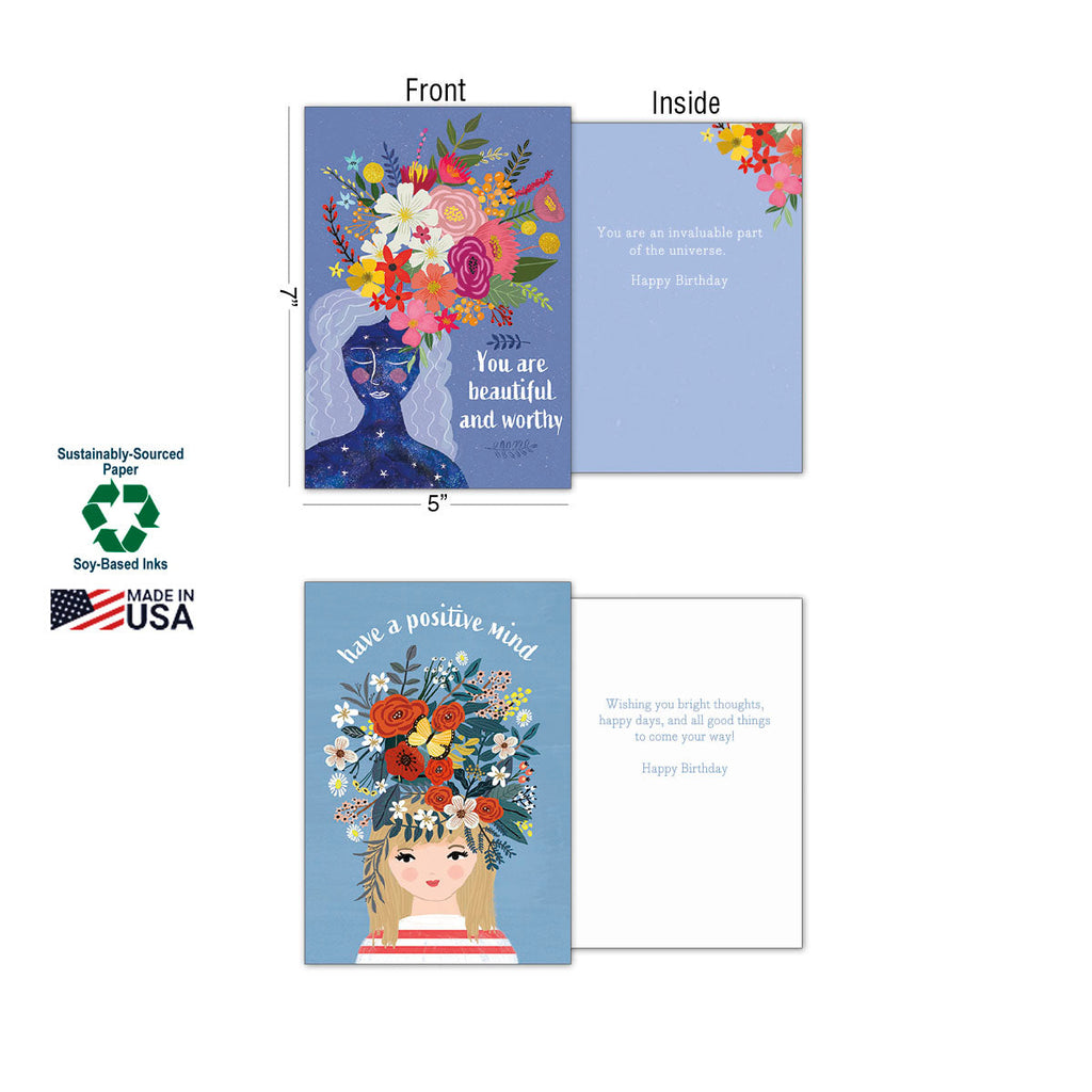 Two open greeting cards from the Mia Charro assortment, showing fronts and insides. One features 'You are beautiful and worthy' with a starry woman, the other 'have a positive mind' with a floral-haired woman. Details highlight 'Sustainably-Sourced Paper,' 'Soy-Based Inks,' and 'Made in USA'.