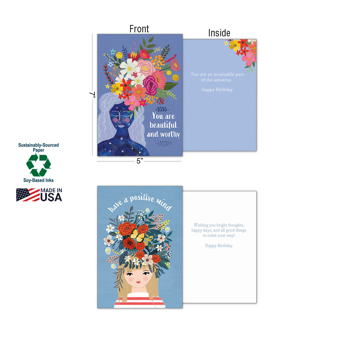 Two open greeting cards from the Mia Charro assortment, showing fronts and insides. One features 'You are beautiful and worthy' with a starry woman, the other 'have a positive mind' with a floral-haired woman. Details highlight 'Sustainably-Sourced Paper,' 'Soy-Based Inks,' and 'Made in USA'.