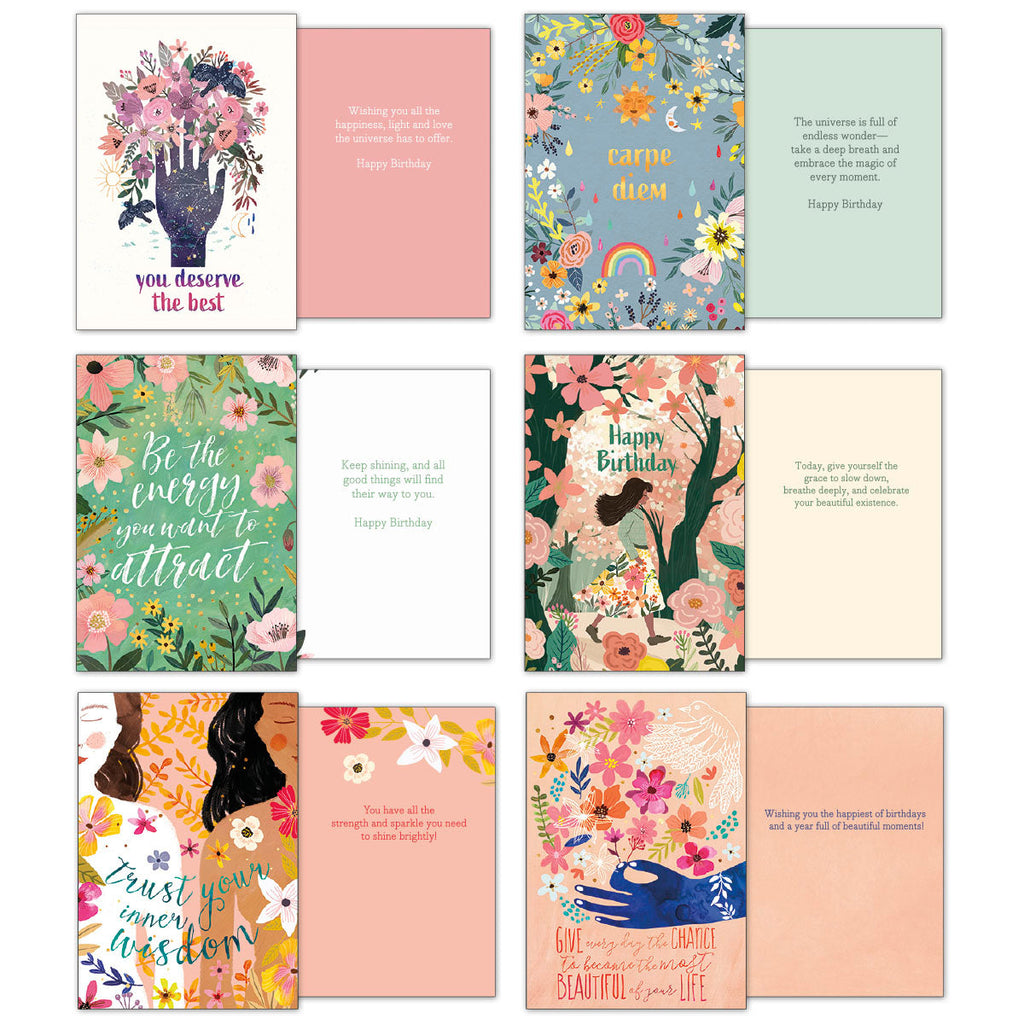 Collage of four open inspirational greeting cards from Mia Charro's collection. Messages include 'you deserve the best,' 'carpe diem,' 'Be the energy you want to attract,' and 'Happy Birthday,' all with vibrant floral and nature artwork.