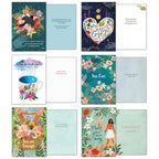 Detailed view of six open motivational greeting cards by Mia Charro. Designs feature phrases like 'trust your inner wisdom,' 'Give every day the chance to become the most beautiful of your life,' 'you are loved,' 'This too shall pass,' 'You Can,' and 'You are Enough,' with diverse artistic illustrations.