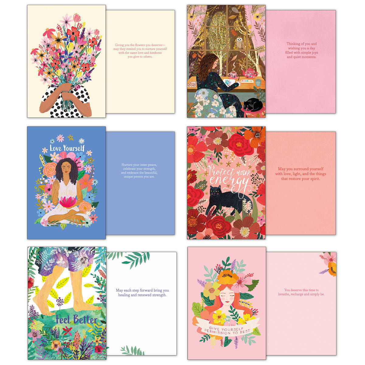Final collection of Mia Charro 'Heart, Mind & Spirit' greeting cards, highlighting unique illustrations and encouraging quotes.