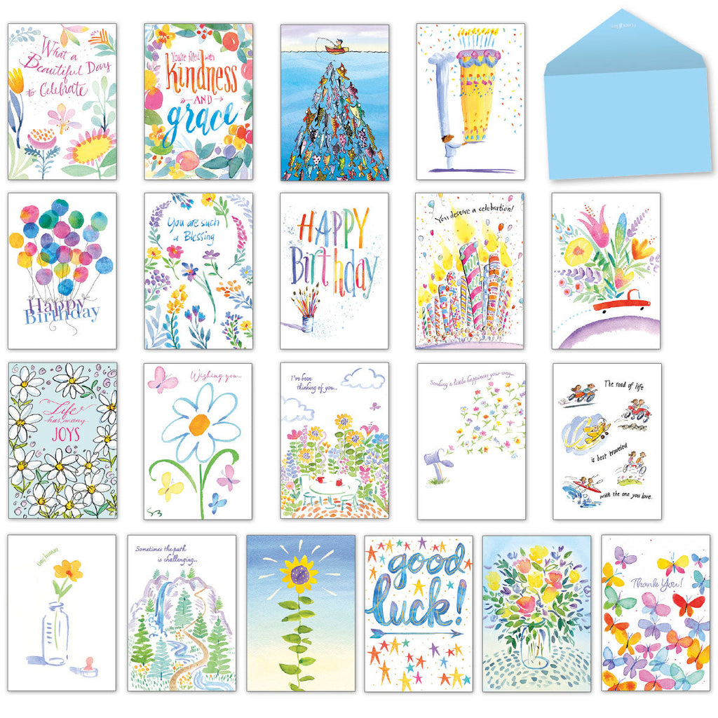 Leanin' Tree 20-card assortment for all occasions, featuring various watercolor designs like balloons, flowers, and landscapes, with a light blue envelope.