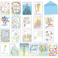 Leanin' Tree 20-card assortment for all occasions, featuring various watercolor designs like balloons, flowers, and landscapes, with a light blue envelope.