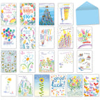 Leanin' Tree 20-card assortment for all occasions, featuring various watercolor designs like balloons, flowers, and landscapes, with a light blue envelope.
