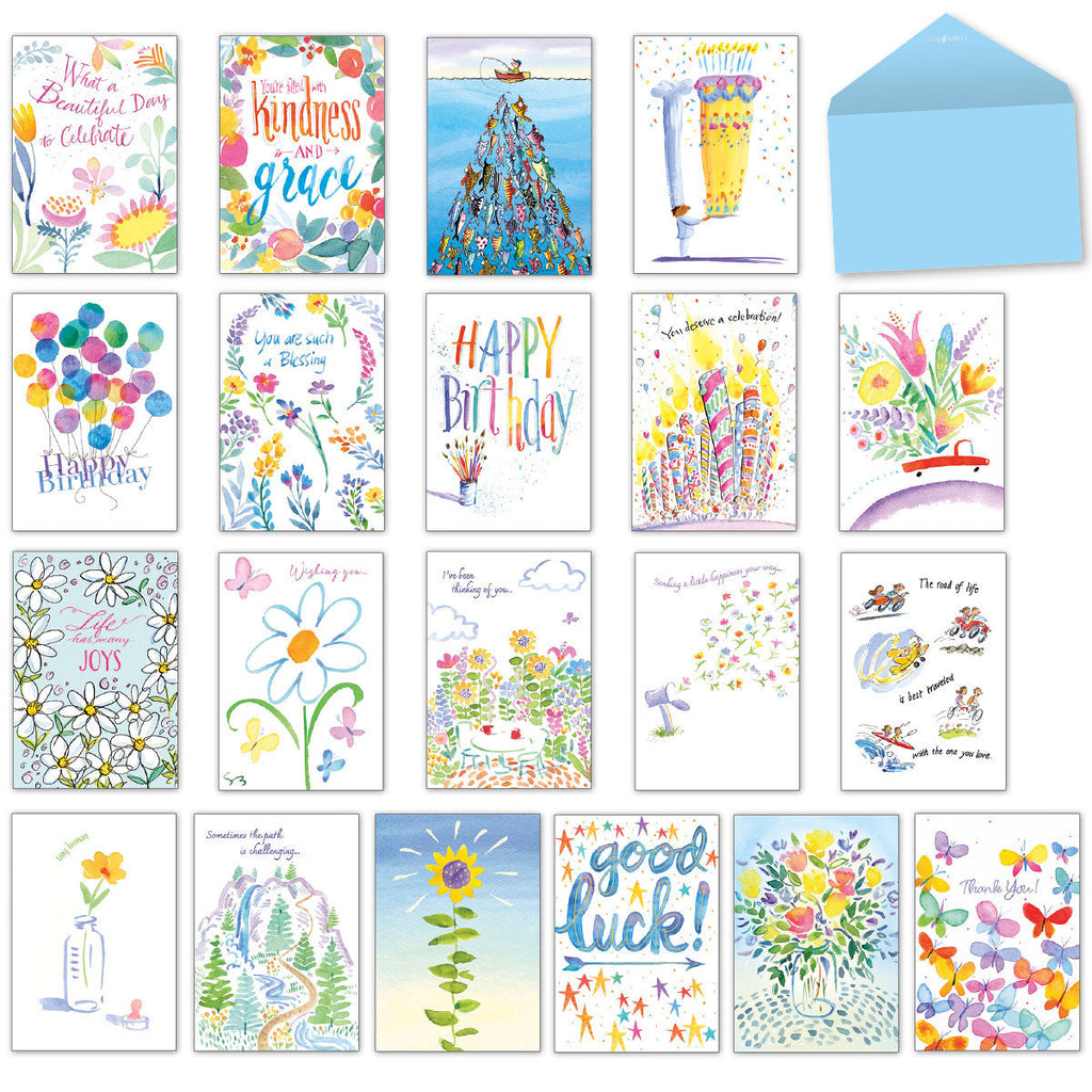 Grid of 20 diverse greeting cards (flowers, balloons, nature scenes, abstract designs) with a light blue envelope, showcasing an assortment for various occasions.