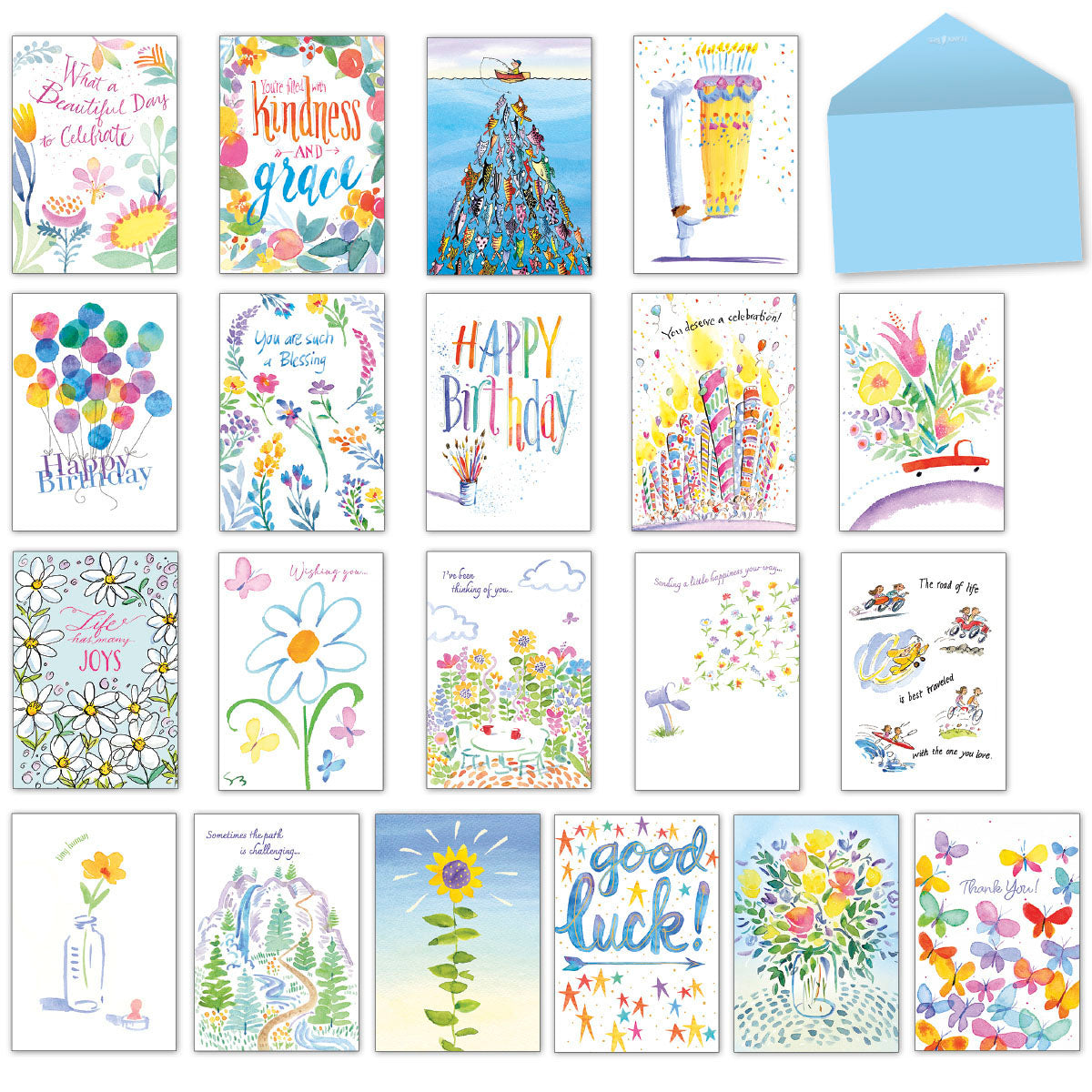 Grid of 20 diverse greeting cards (flowers, balloons, nature scenes, abstract designs) with a light blue envelope, showcasing an assortment for various occasions.
