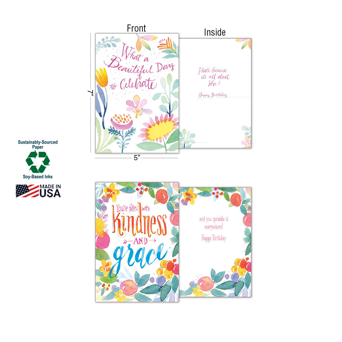 Image showing dimensions (7"x5") and sustainability features (sustainably-sourced paper, soy-based inks, Made in USA) of the cards.
