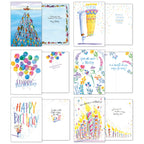 Grid display of several Leanin' Tree assorted greeting cards, showing open designs for birthdays, fishing, and celebrations, highlighting various artistic styles.