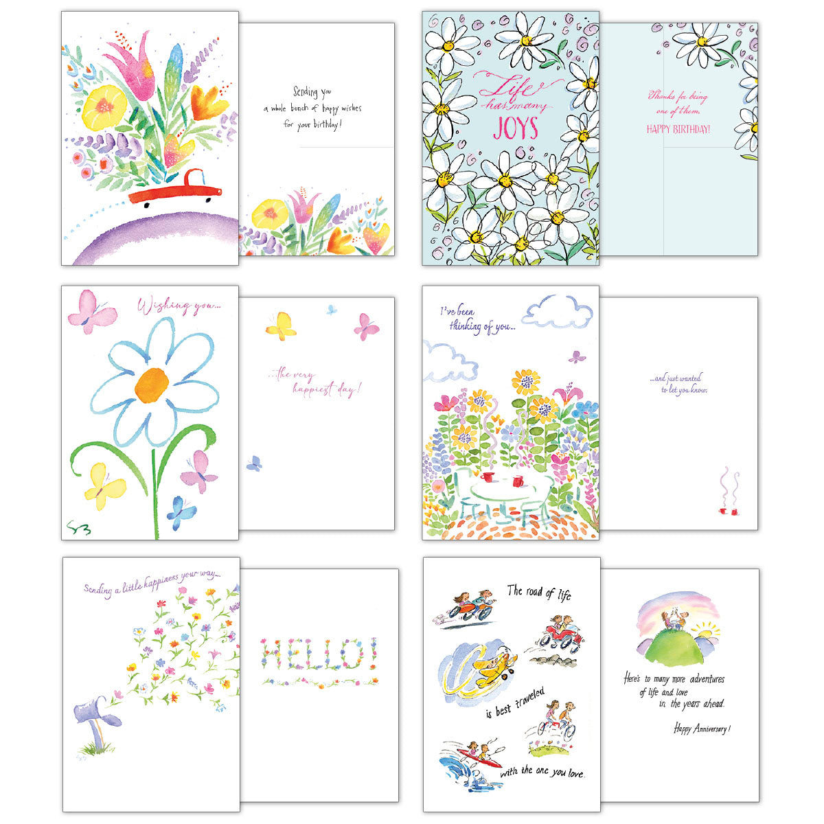 A selection of general and thinking of you greeting cards from the B Bros assortment, showcasing various watercolor designs, front and inside.