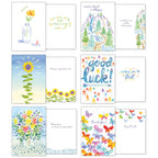 Layout displaying the front and inside messages of six diverse greeting cards, including designs with sunflowers, mountains, a bottle with a flower, and messages like 'Good Luck!' and 'Thank You!'.