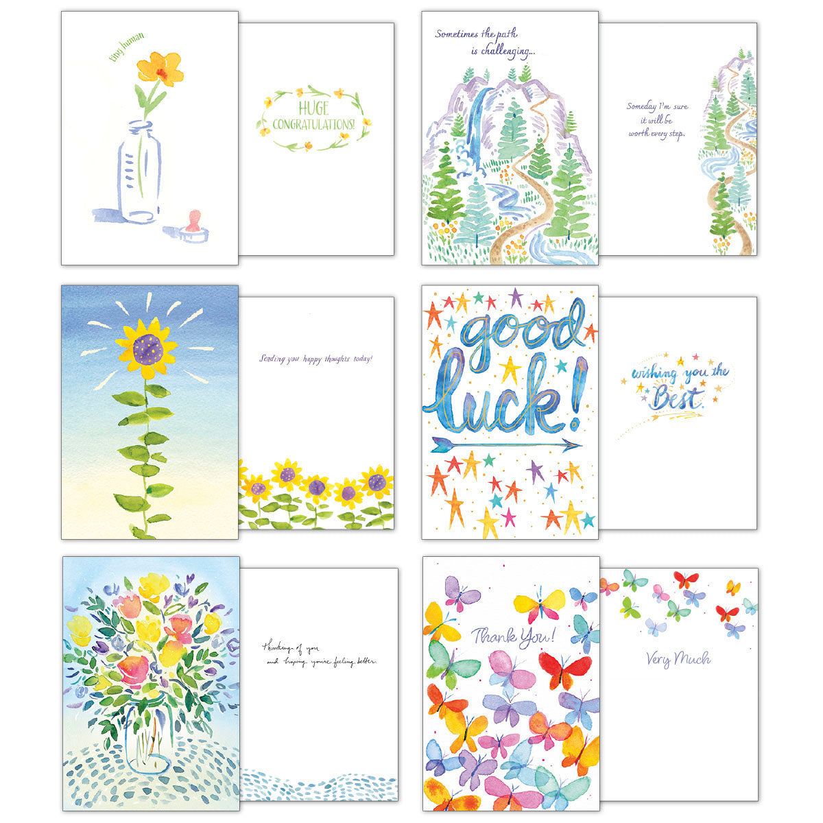 Layout displaying the front and inside messages of six diverse greeting cards, including designs with sunflowers, mountains, a bottle with a flower, and messages like 'Good Luck!' and 'Thank You!'.