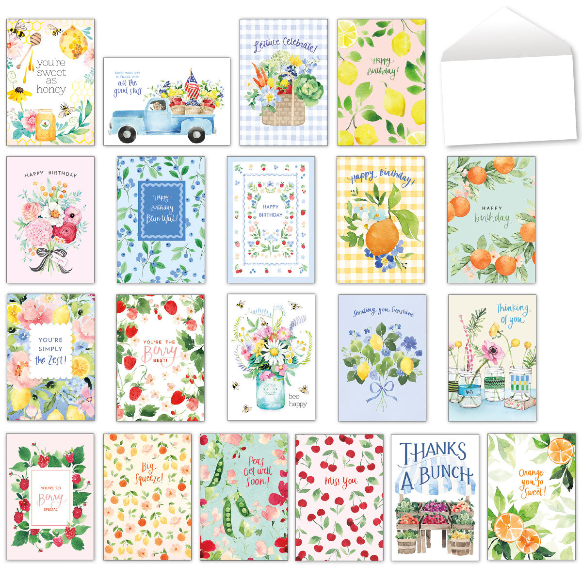Assortment of 20 Heatherlee Chan Farmers Market themed greeting cards with envelopes featuring fruits, flowers, and whimsical designs.