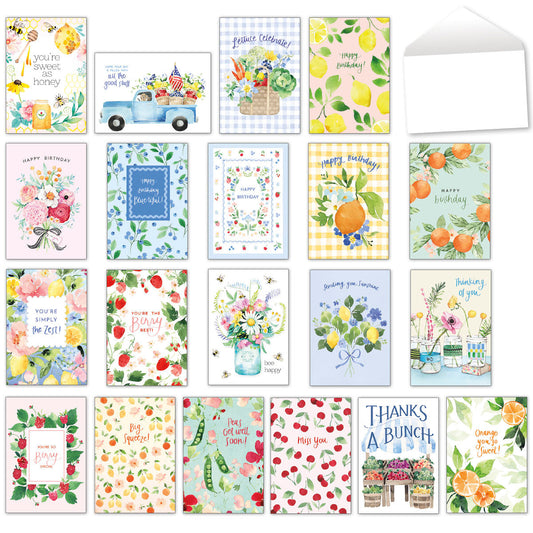 Assortment of 20 Heatherlee Chan Farmers Market themed greeting cards with envelopes featuring fruits, flowers, and whimsical designs.