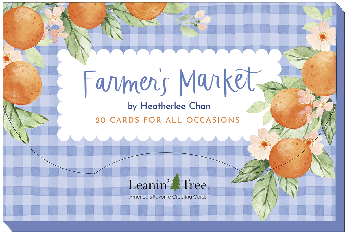 Farmers Market by Heatherlee Chan 20 Cards for All Occasions box design, with blue gingham and oranges illustration.