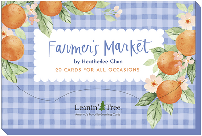 Farmers Market by Heatherlee Chan 20 Cards for All Occasions box design, with blue gingham and oranges illustration.