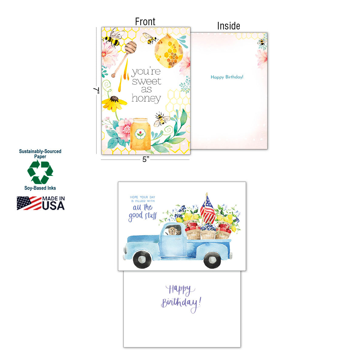 Greeting card showing front "You're sweet as honey" (bees, honey jar) and inside "Happy Birthday!", with product details.