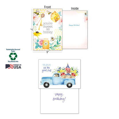 Greeting card showing front "You're sweet as honey" (bees, honey jar) and inside "Happy Birthday!", with product details.
