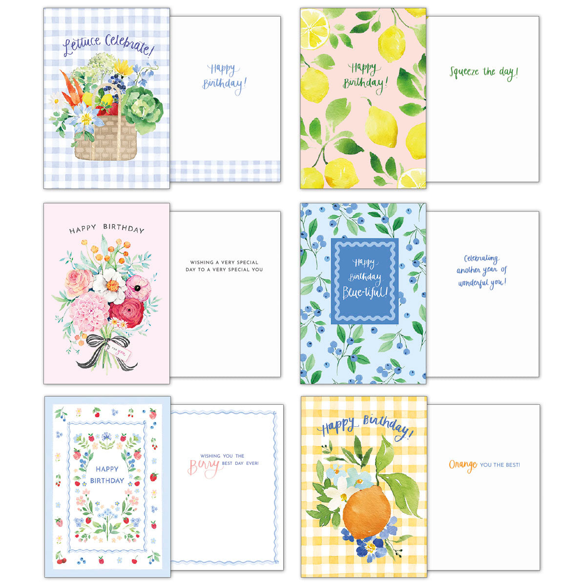 Arrangement of ten open greeting cards from the assortment, displaying both front designs and inside messages. Includes 'Lettuce Celebrate,' 'Happy Birthday' with lemons, floral 'Happy Birthday,' and 'Happy Birthday Blue-tiful' cards.