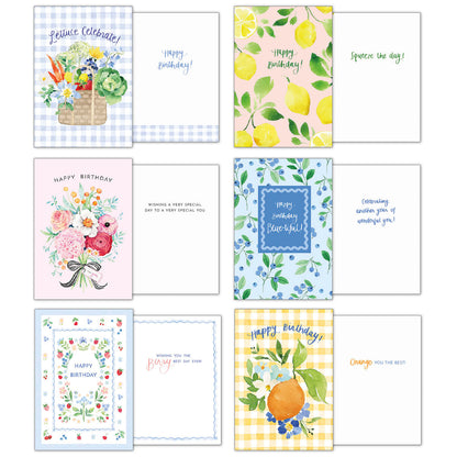 Group of 6 greeting cards showing front designs including "Lettuce Celebrate!", "Happy Birthday" with lemons, and a floral bouquet.