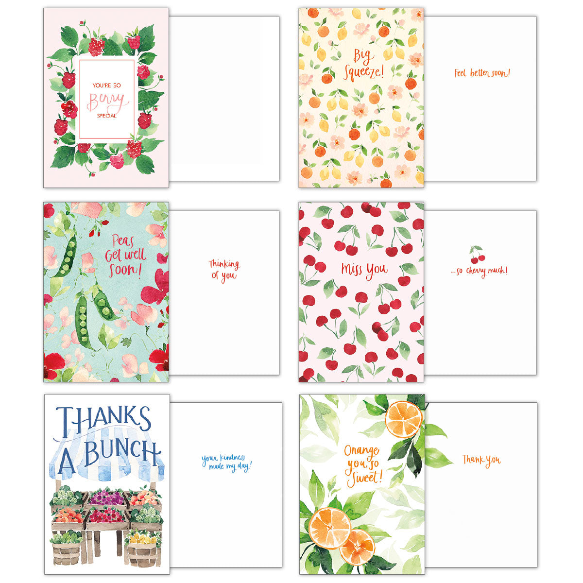 Group of 6 greeting cards showing front designs: raspberries, "Big Squeeze!", "Peas Get Well Soon!", cherries, and market stand.