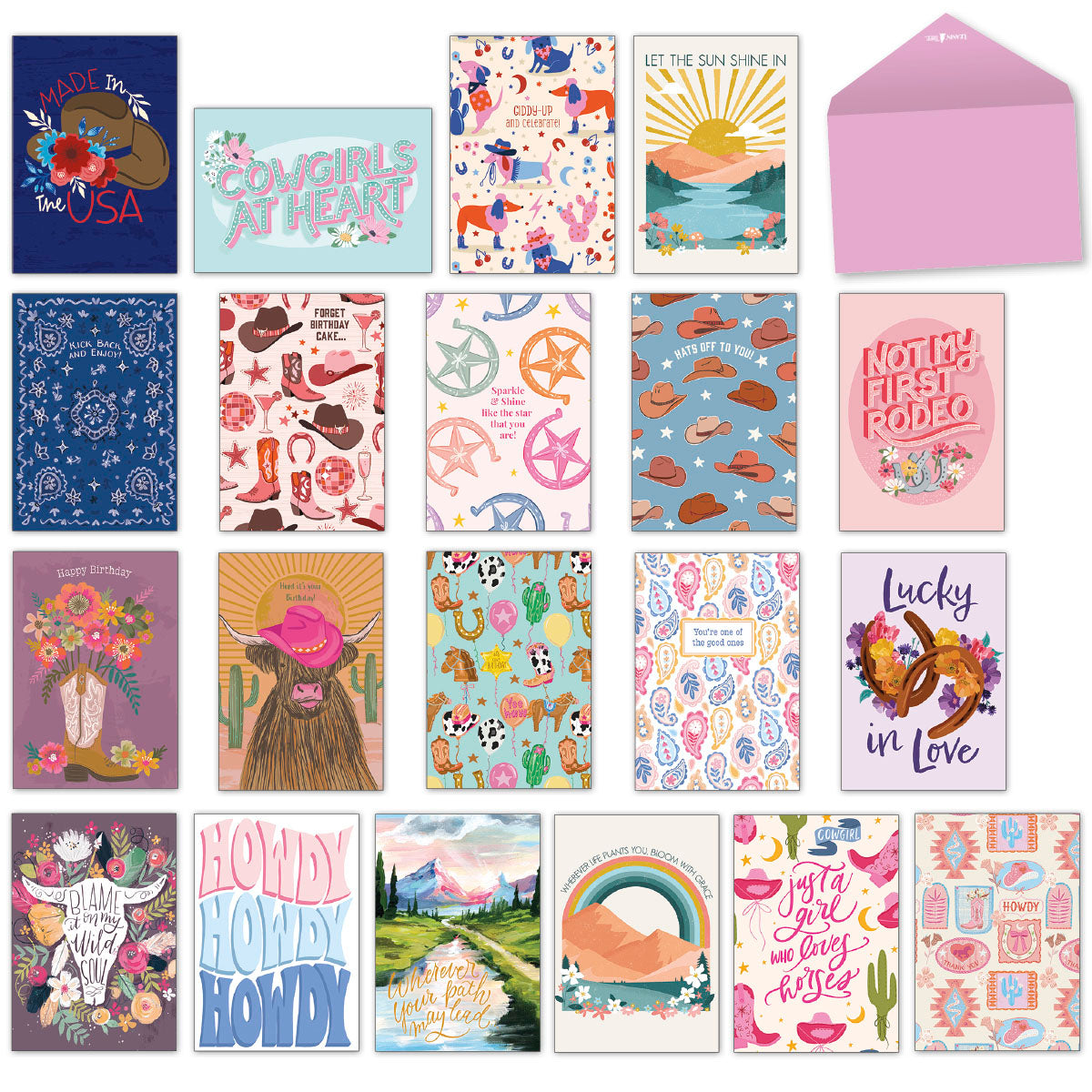An assortment of 20 "Long Live Cowgirls" greeting cards and a pink envelope, featuring various Western-themed designs.