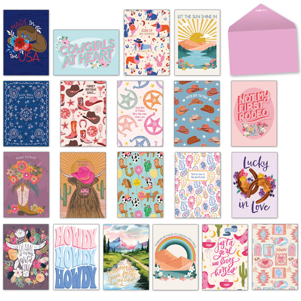 Cowgirl themed greeting card assortment with 20 unique Western designs and pink envelopes. Features boots, hats, horses, and desert landscapes for all occasions.