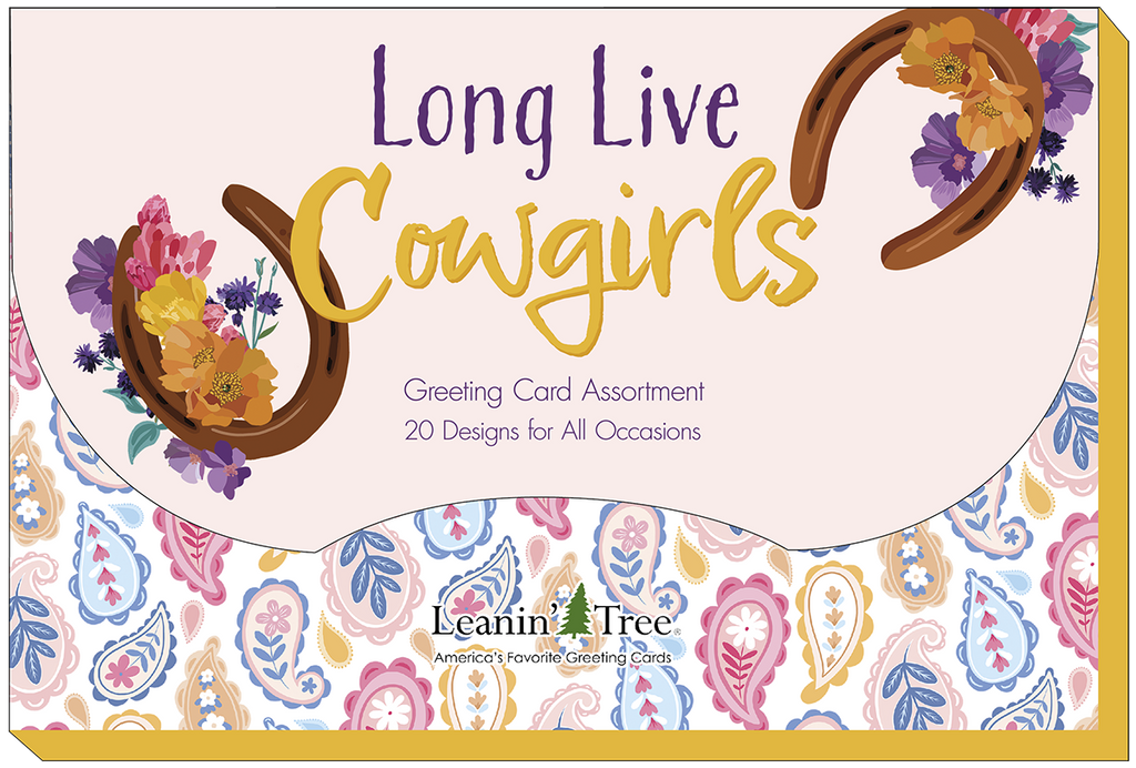 Product box top for 'Long Live Cowgirls' greeting card assortment, featuring a golden horseshoe with flowers and a paisley pattern.