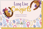 Product box top for 'Long Live Cowgirls' greeting card assortment, featuring a golden horseshoe with flowers and a paisley pattern.