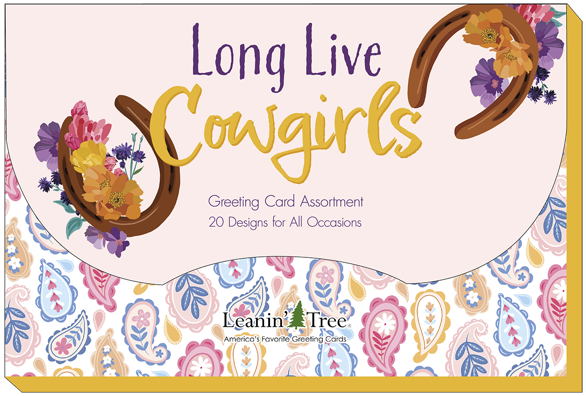 Product box top for 'Long Live Cowgirls' greeting card assortment, featuring a golden horseshoe with flowers and a paisley pattern.