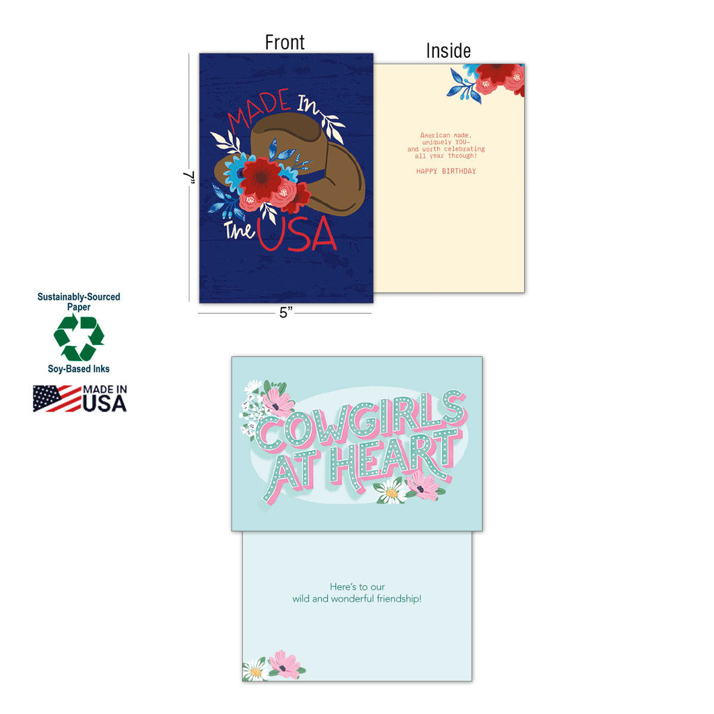 Two cowgirl-themed greeting cards, front and inside views. One card shows 'Made in the USA' with a cowboy hat and flowers, the other 'Cowgirls at Heart' with text 'Here's to our wild and wonderful friendship'. Sustainably-sourced paper and soy-based inks noted.