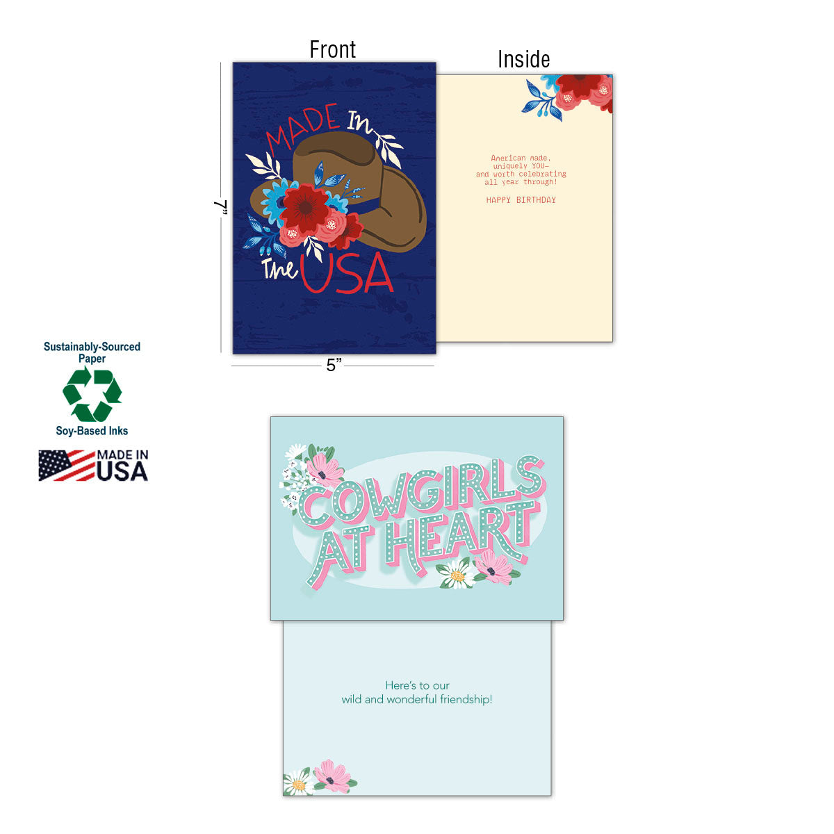 Two cowgirl-themed greeting cards, front and inside views. One card shows 'Made in the USA' with a cowboy hat and flowers, the other 'Cowgirls at Heart' with text 'Here's to our wild and wonderful friendship'. Sustainably-sourced paper and soy-based inks noted.