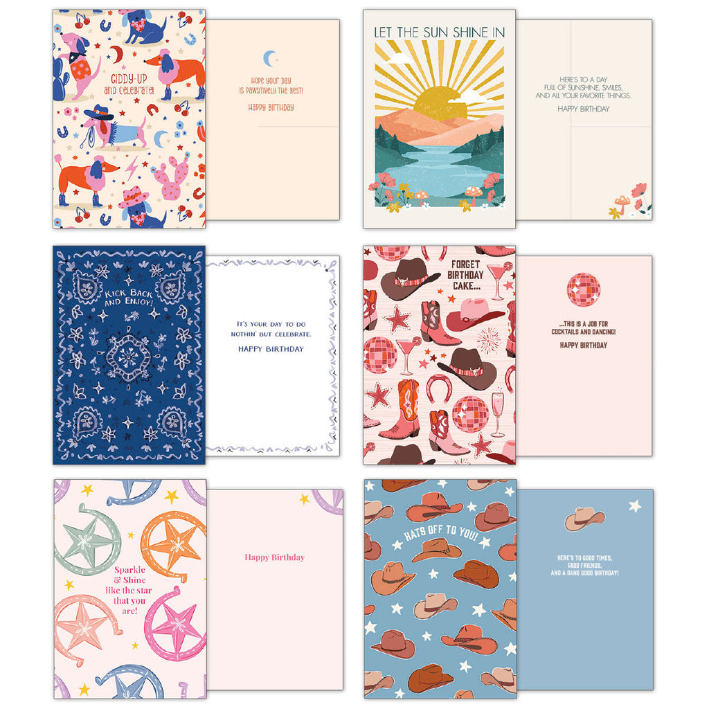 Eight individual cowgirl greeting cards, showing front and inside designs. Cards feature playful dogs, sunrise landscapes, blue bandana patterns, and cowboy boots with drinks.