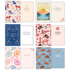 Eight individual cowgirl greeting cards, showing front and inside designs. Cards feature playful dogs, sunrise landscapes, blue bandana patterns, and cowboy boots with drinks.