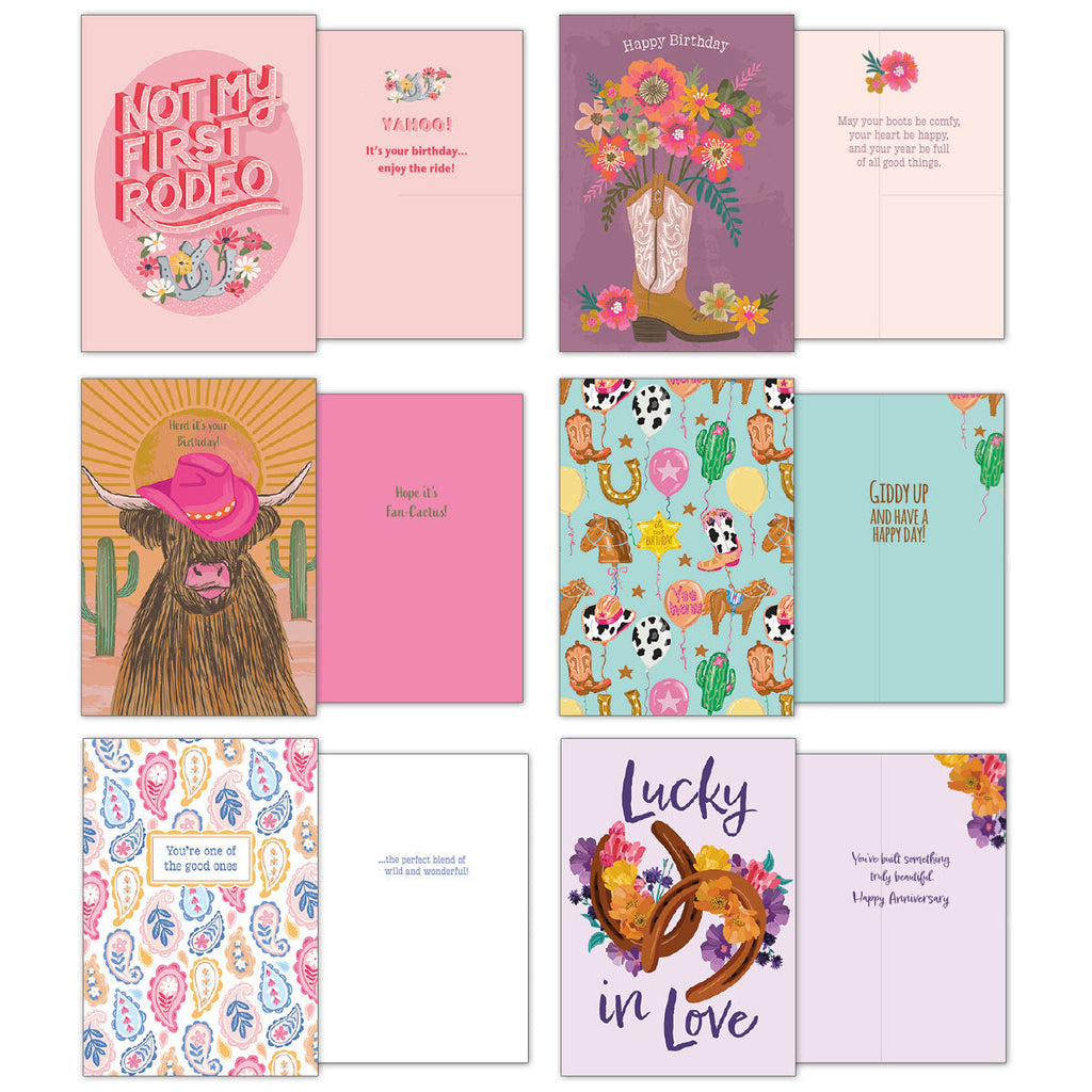 Eight assorted cowgirl greeting cards, displaying front and inside messages. Designs include 'Not My First Rodeo', a longhorn steer, balloons and cactus, and a colorful paisley pattern.