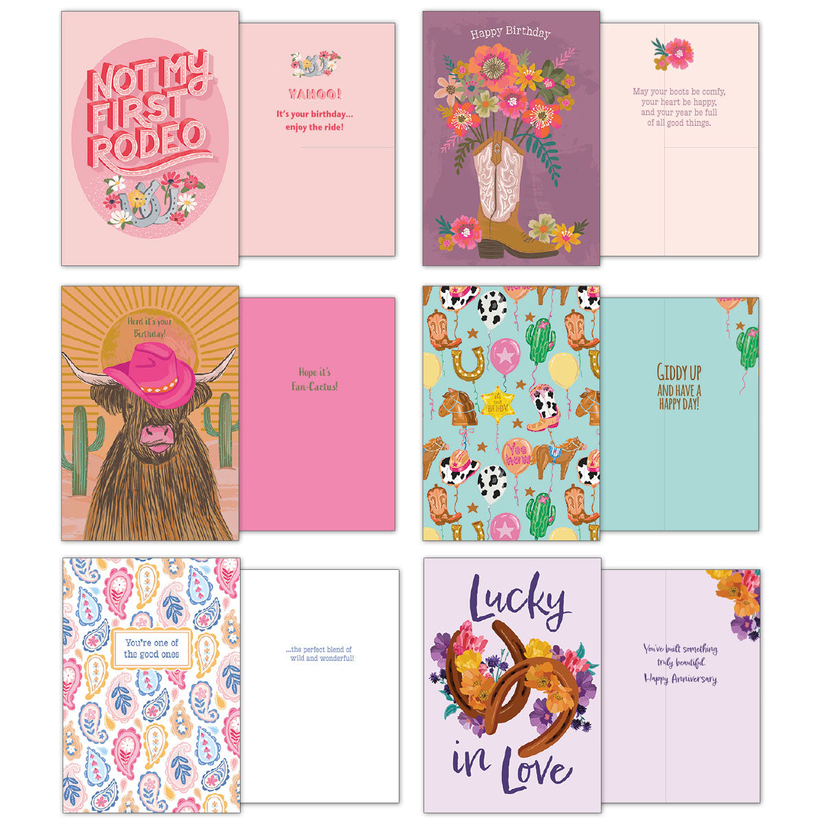 Eight assorted cowgirl greeting cards, displaying front and inside messages. Designs include 'Not My First Rodeo', a longhorn steer, balloons and cactus, and a colorful paisley pattern.