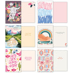Eight more unique cowgirl greeting card designs, front and inside. Themes include floral 'Blame it on my wild soul', a 'Howdy' typography card, a mountain stream, and 'Just a girl who loves horses'.