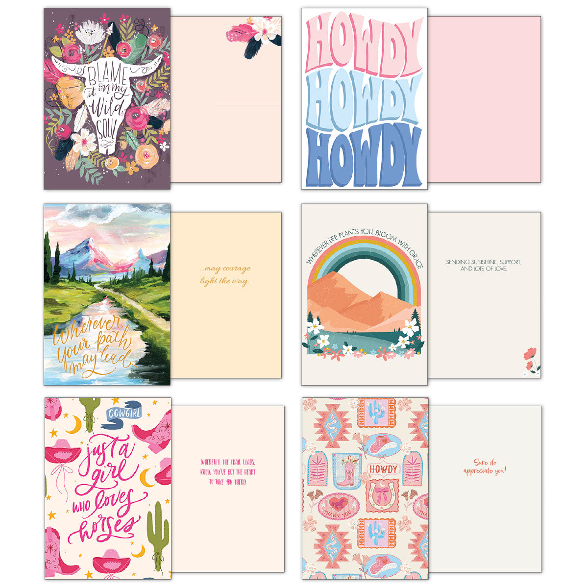 Eight more unique cowgirl greeting card designs, front and inside. Themes include floral 'Blame it on my wild soul', a 'Howdy' typography card, a mountain stream, and 'Just a girl who loves horses'.