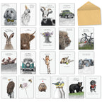 A wide shot showing all 20 diverse greeting cards from the 'Life in Pencil' assortment by Shaun Vickers, featuring hand-drawn animals like a dog, parrot, goat, rabbit, highland cow, lion, pigs, giraffe, eagle, birds, bear, hedgehog, and a dachshund, along with nature and vehicle designs, plus a craft paper envelope. Ideal for all occasions.