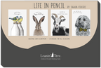 Leanin' Tree 'Life in Pencil by Shaun Vickers' greeting card assortment branding, featuring four animal illustrations: bluebirds, a rabbit, a goat, and a dog, highlighting 20 designs for all occasions.