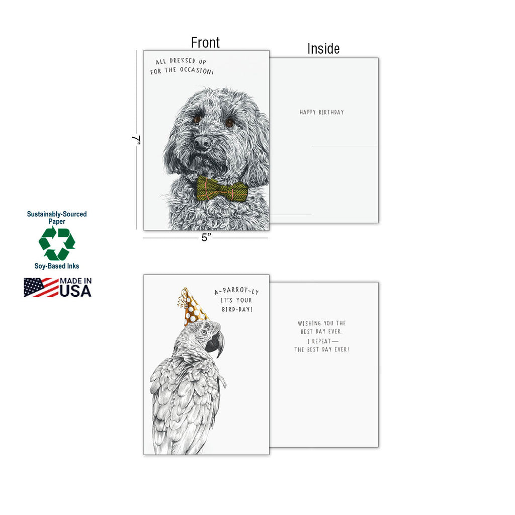 Detailed view of two greeting cards: a white dog wearing a green bow tie and a grey parrot in a party hat. Displays card dimensions (5"x7"), 'Sustainably-Sourced Paper,' 'Soy-Based Inks,' and 'Made in USA' eco-friendly labels. Shows front and inside messages.
