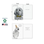 Detailed view of two greeting cards: a white dog wearing a green bow tie and a grey parrot in a party hat. Displays card dimensions (5"x7"), 'Sustainably-Sourced Paper,' 'Soy-Based Inks,' and 'Made in USA' eco-friendly labels. Shows front and inside messages.
