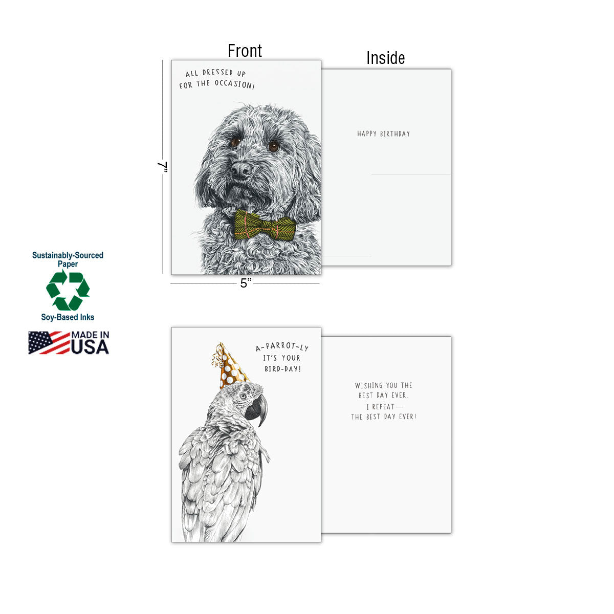 Detailed view of two greeting cards: a white dog wearing a green bow tie and a grey parrot in a party hat. Displays card dimensions (5"x7"), 'Sustainably-Sourced Paper,' 'Soy-Based Inks,' and 'Made in USA' eco-friendly labels. Shows front and inside messages.