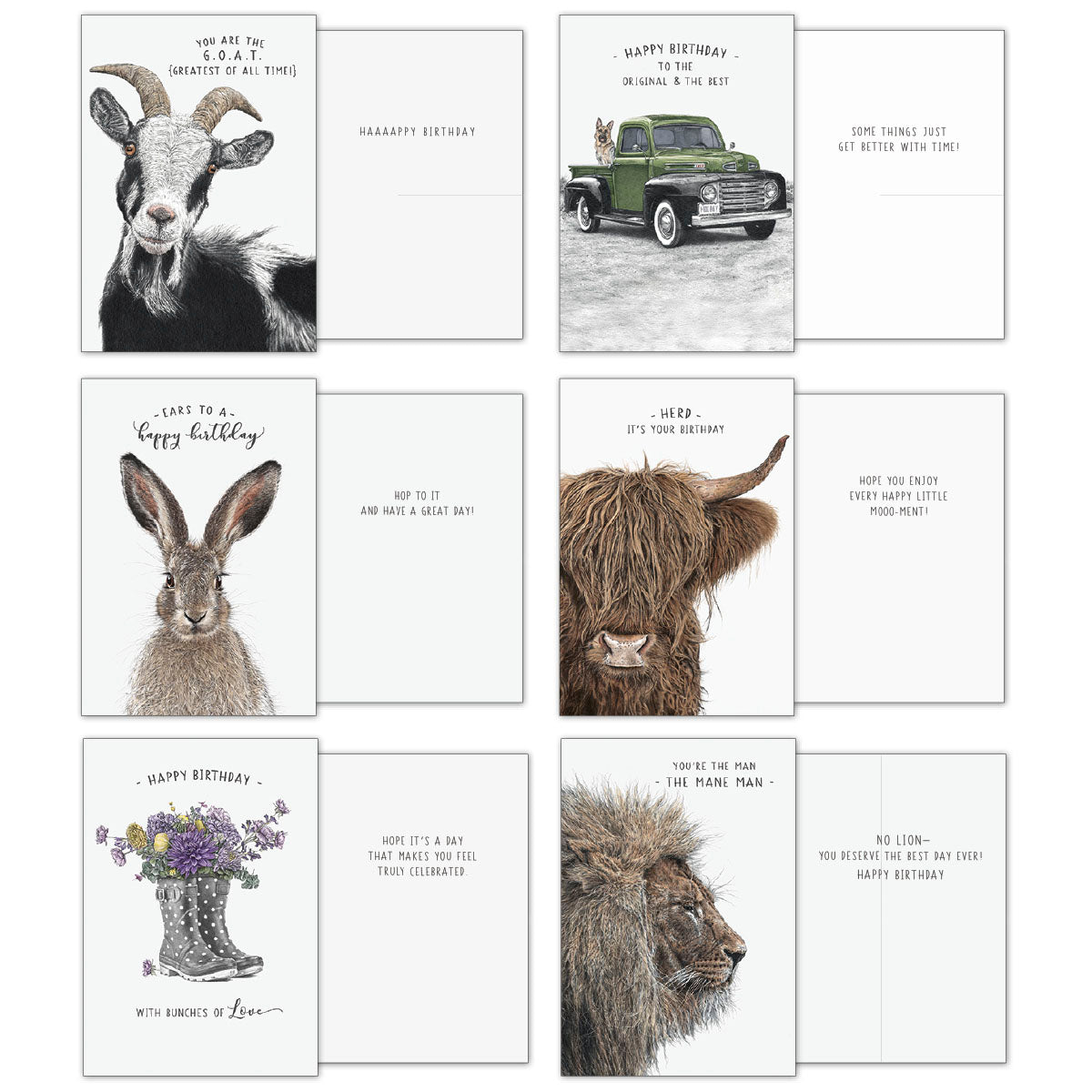 A collection of eight open greeting cards showcasing the front and inside messages: a goat ('G.O.A.T.'), a vintage green truck, a rabbit ('happy birthday'), a highland cow ('herd'), a floral boot, a lion ('mane man'), a bicycle, and pigs. These are birthday and occasion cards.