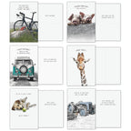 Another set of eight open greeting cards from the assortment: a bicycle, two pigs, a vintage teal camper van, a giraffe, a sleeping dog with a tennis ball, and an old tractor. Cards feature birthday, encouragement, and thank you messages.