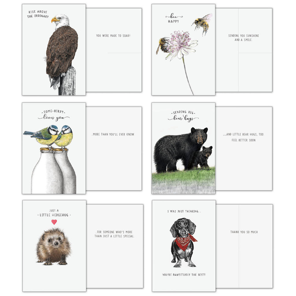 Final set of eight open greeting cards: an eagle, two bees, two bluebirds, a mother bear and cub, a hedgehog, and a dachshund. Themes include inspiration, appreciation, and loving messages.