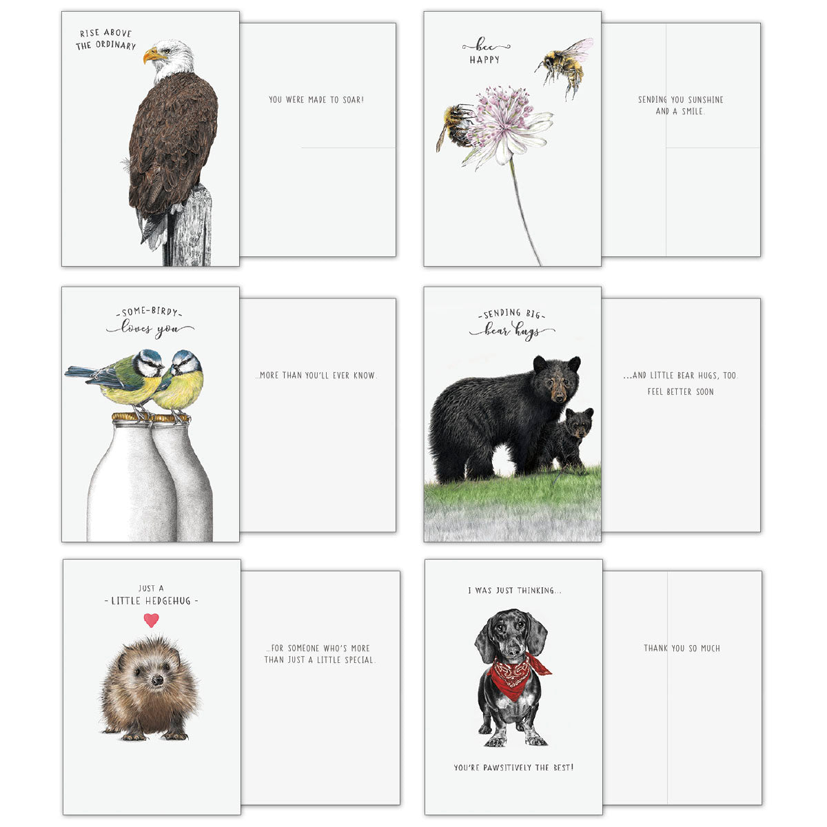 Final set of eight open greeting cards: an eagle, two bees, two bluebirds, a mother bear and cub, a hedgehog, and a dachshund. Themes include inspiration, appreciation, and loving messages.