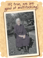 Vintage photo of a smiling elderly woman in a rocking chair with 'It's true, we are good at multitasking!' text, perfect for a funny greeting card.