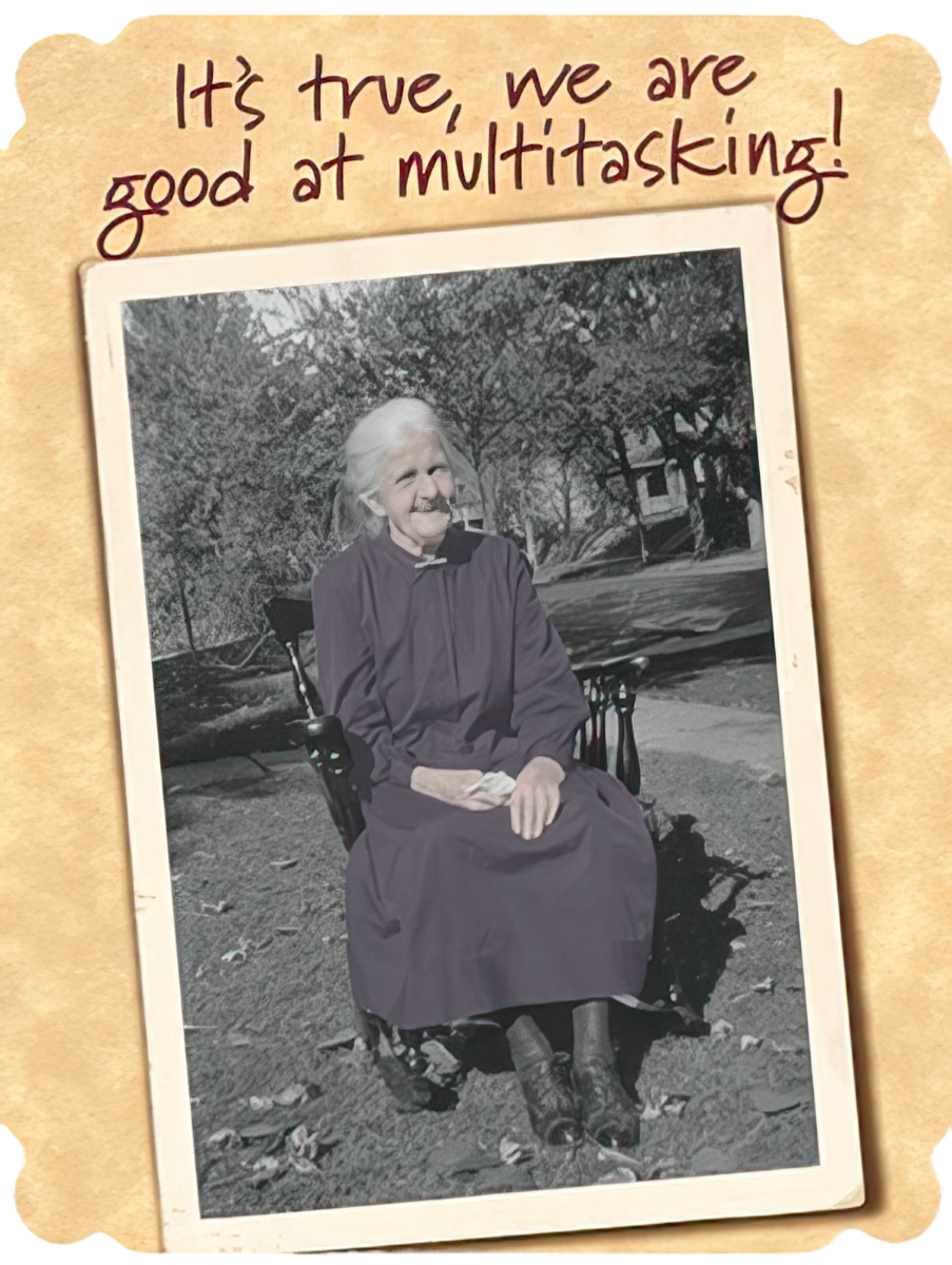 Vintage photo of a smiling elderly woman in a rocking chair with 'It's true, we are good at multitasking!' text, perfect for a funny greeting card.
