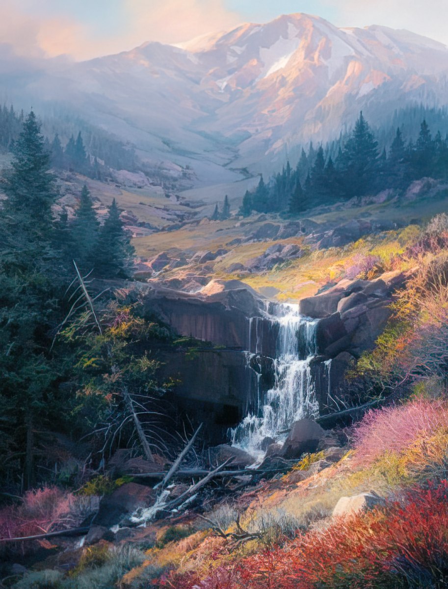Detailed artwork by Charles Pabst of a serene mountain landscape with a cascading waterfall, colorful foliage, and pine trees.