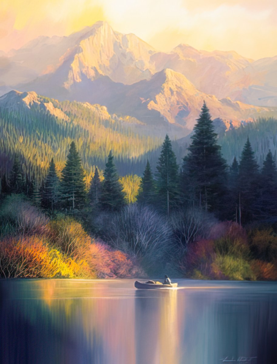 Beautiful Charles Pabst painting of a tranquil mountain lake with a small boat, surrounded by vibrant autumn trees and peaks.